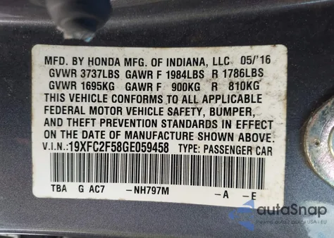 2016 Honda Civic Lx z USA, uszkodzony, nr VIN 19XFC2F58GE059458